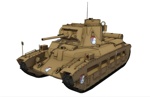 マチルダII 歩兵戦車Mk.III／IV<br>1936年度に英国陸軍が要求仕様を出し、37年に予算化された。<br>味方の歩兵を敵戦車の攻撃から護ることを目的に開発された歩兵戦車。<br>その重装甲は北アフリカ戦線でドイツ戦車の戦車砲に対して優位を保ち「戦場の女王」と称され、88㎜高射砲以外で撃破することは困難だった。<br>多くは地雷除去戦車、火炎放射戦車、架橋戦車等に改造され、第二次大戦の終戦まで使用された。