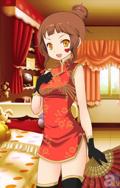 ▲特典の「絢爛チャイナ」<br>(注:こちらは服および扇子のみです。背景や、髪型、チーク等は付属しません)